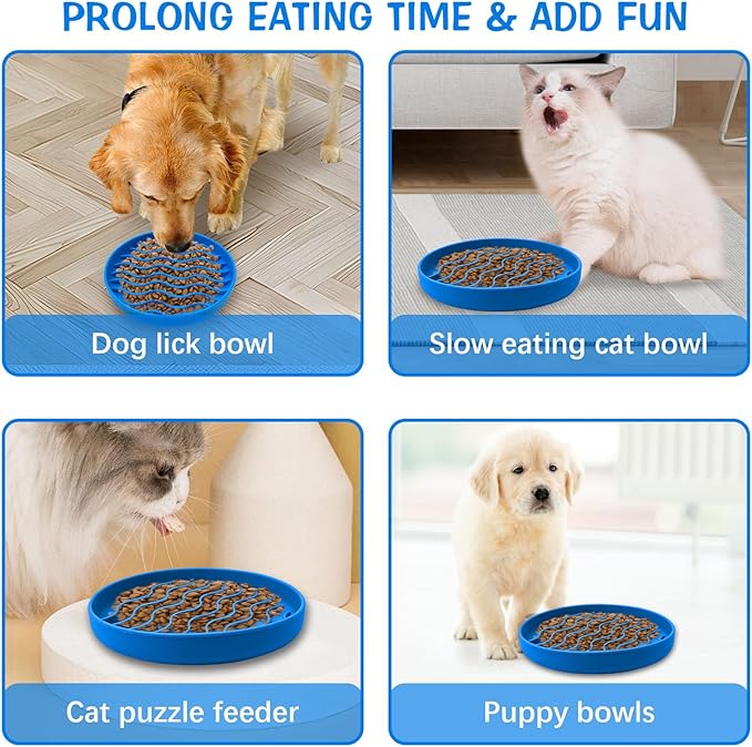 Fhiny Slow Feeder Dog Bowl Non-Slip Silicone - Blue Pet Food Dish for Fast Eaters, Dishwasher Safe