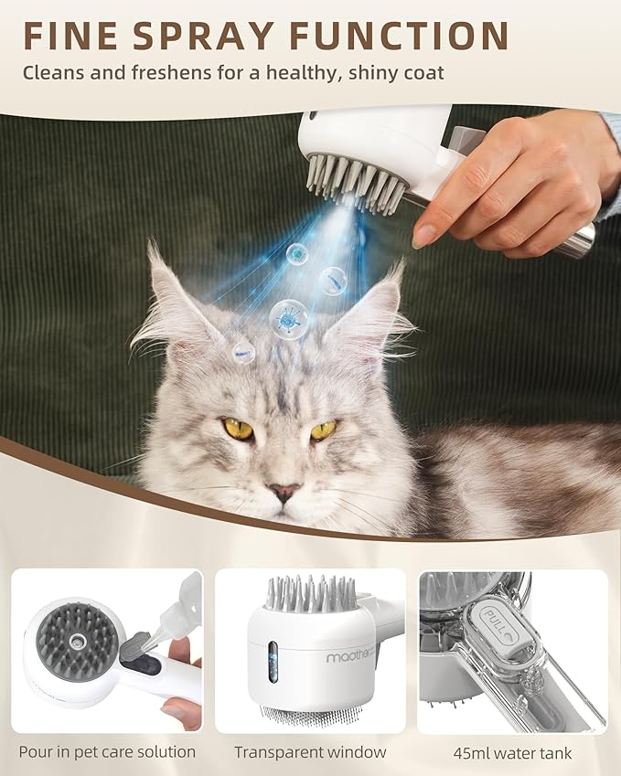Maother Steam Cat Brush for Indoor Cats, 2-in-1 Cat Grooming Shedding Brush with Spray & Massage Pins, Anti-Static - B1