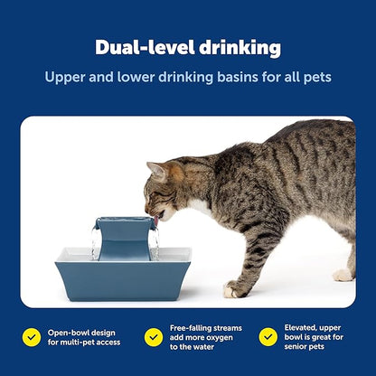 PetSafe Drinkwell Pagoda Fountain - Hygienic Ceramic Continuous Flowing Fountain - Elevated Upper Bowl & Double Free-Falling Stream Design - Minimalist Pet Hydration Station - 70 oz Capacity