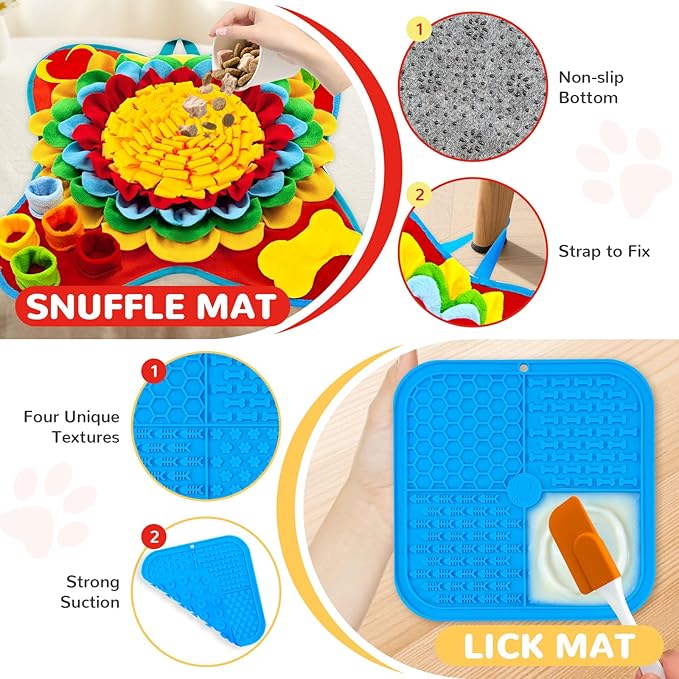 Dog Snuffle Mat and Lick Mats Set, Interactive Dog Enrichment Puzzle Toys for Puppy Small Medium Breed Dogs Cats, Cognitive Sniff Foraging Mats for Slow Feeding Treat Game Mental Stimulation