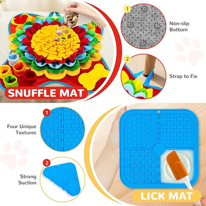 Dog Snuffle Mat and Lick Mats Set, Interactive Dog Enrichment Puzzle Toys for Puppy Small Medium Breed Dogs Cats, Cognitive Sniff Foraging Mats for Slow Feeding Treat Game Mental Stimulation