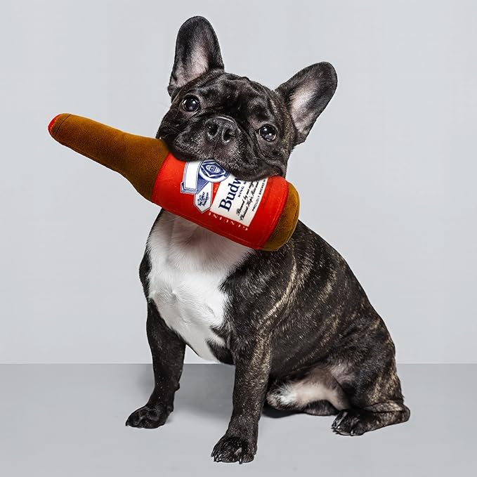 design LAB, Inc. Budweiser Beer Dog Toy | Official Merchandise Beer Bottle Squeaky Plush Toy for Dogs | 10 inch Small Novelty Dog Toys for Fun and Fetch