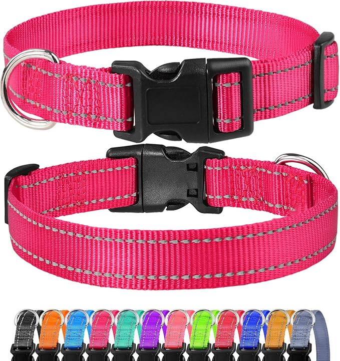 FunTags Reflective Dog Collar, Sturdy Nylon Collars for Medium Girl and Boy Dogs, Adjustable Dog Collar with Quick Release Buckle, Pink