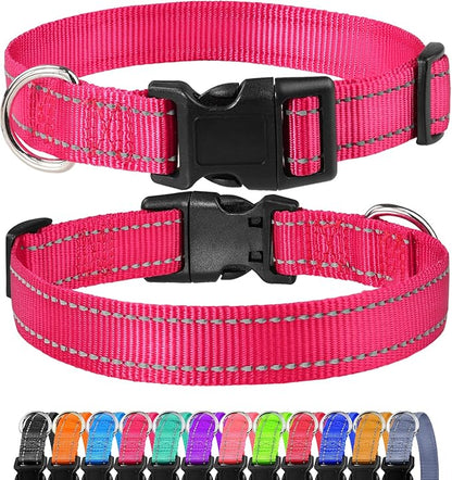 FunTags Reflective Dog Collar, Sturdy Nylon Collars for Puppy and Extra Small Girl and Boy Dogs, Adjustable Dog Collar with Quick Release Buckle,Pink,3/8" Width