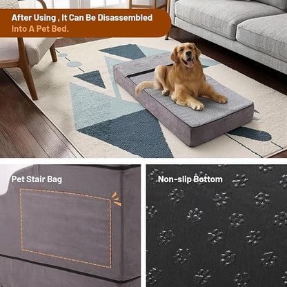 Large Dog Stairs – Extra Large Dog Steps for Bed, Couch & Car, 6-Step Pet Steps for Puppies & Senior Dogs, Pet Stairs with Washable Cover, Side Pockets, Non-Slip Bottom, 43.3" L x 19.7" W Grey