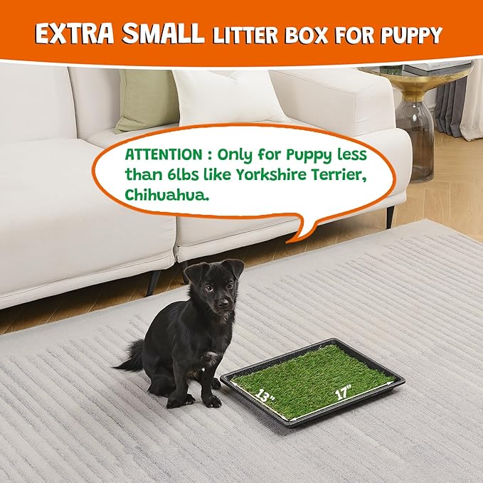 MEEXPAWS Dog Grass Pee Pads for Dogs with Tray | Extra Small 17 x 13 in for Puppy Less Than 6 lbs | 2× Artificial Grass Pads Replacement | Rapid Drainage | Indoor Dog Litter Box | Hemmed Edge