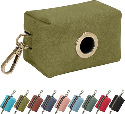 Didog Classic Dog Poop Bag Holder, Easy-Pull and Elegant PU Leather Pet Waste Bag Dispenser for Leash with Carabiner Clip, Includes 1 Roll Dog Waste Bag for Daily Walking,Olive Green