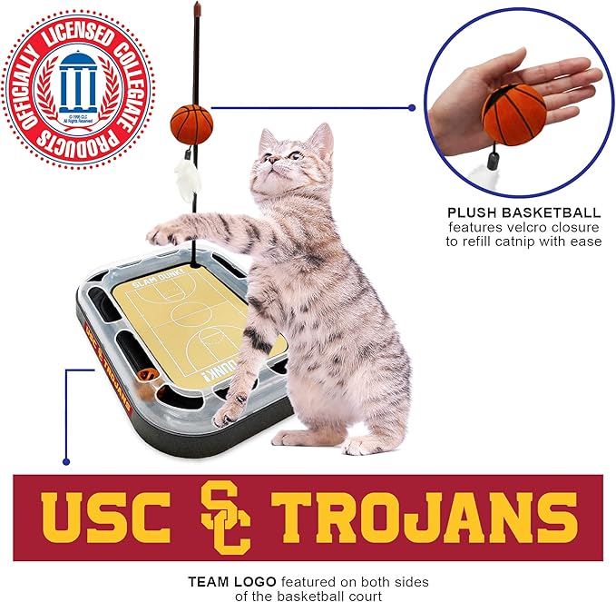 Cats Scratcher NCAA USC Trojans Basketball Court CAT Scratcher Toy with Catnip Filled Plush Basketball Toy & Feather Cat Toy Hanging, with Jingle Bell Interactive Ball Cat Chasing 5-in-1 Kitty Toy