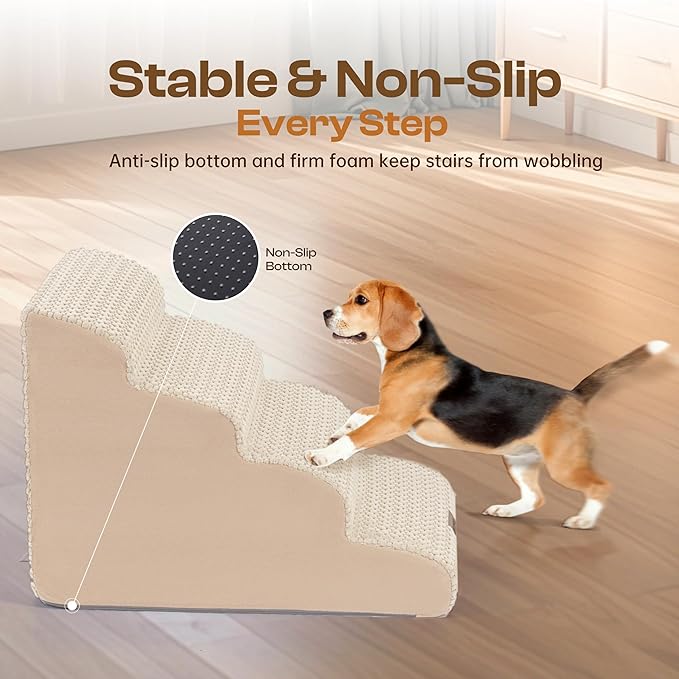 Extra Wide 4-Step Dog Stairs for Bed & Couch up to 20" H, More Stable Non-Slip Cat Steps with Balanced Foam Structure, Stylish Indoor Dog Steps for Senior Dogs and Cats, Beige