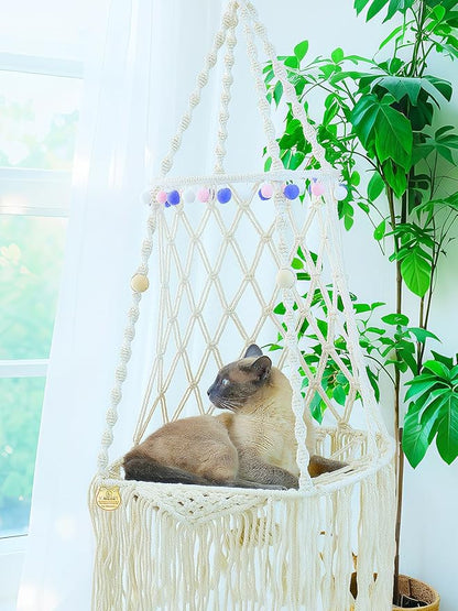 KARCEEY Cat Hammock Macrame Hanging Bed for Large Cats - 50lbs Heavy Duty Cat Swing Wall Mounted Boho Window Perch - Hardware Kit Included