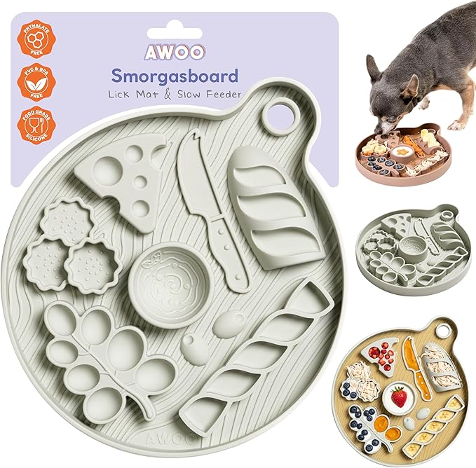 Awoo Smorgasboard - Silicone Dog and Puppy Lick Mat and Slow Feeder with Suction Cups - Non-Slip, Dishwasher Safe Pet Dish - Extends Mealtime for Fast Eaters - for Wet & Dry Food (Sage)