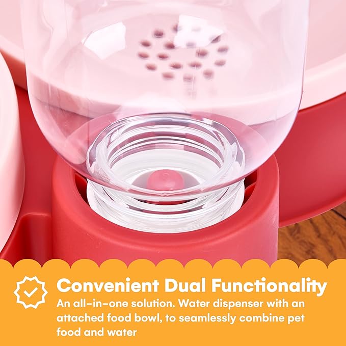 Noa Store Pet Food and Water Dispenser - 2 Removable Bowls - Gravity-Fed Drinking System for Cats and Dogs - 12x7x8 inches - Easy-to-Clean Feeder - Continuous Water Flow - Cat Feeding Station - Pink