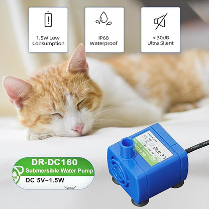 Cat Water Fountain Pump, Pet Water Fountain Pump Replacement Compatible Motor, DR-DC 160 Submersible Water Pump with LED Light for Round, Cubic, Flower Cap Cat Fountain
