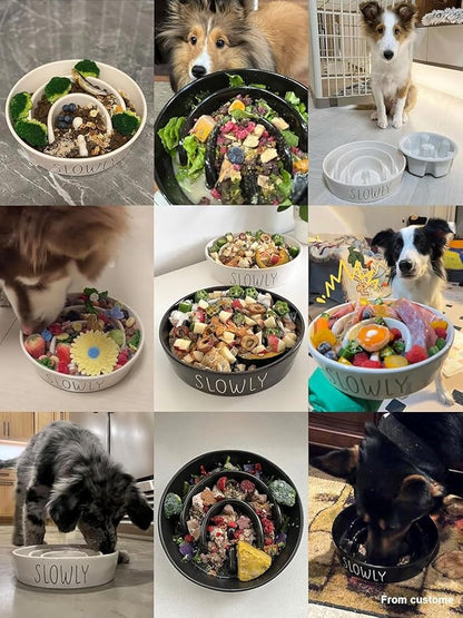 Ceramic Slow Feeder Dog Bowls Elevated, 3 Cups Raised Dog Bowl with Wooden Stand for Medium Large Breed to Slow Down Eating, Puzzle Food Bowl,Black