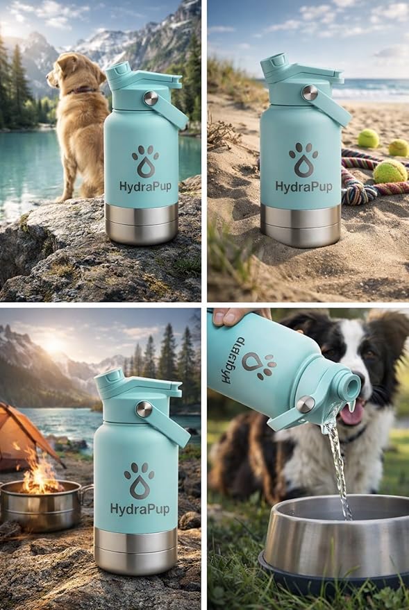 32oz Insulated Water Bottle with Dog Bowls – Human & Pet Shared Use, Stainless Steel Leakproof Travel Bottle (Sea Foam Blue)