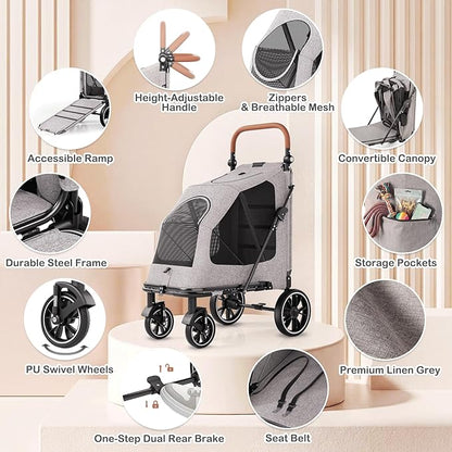 MoNiBloom Large Pet Stroller with Anti-Slip Ramp, Heavy Duty Dog Stroller Up to 99lb, Safe & Gentle Mobility Aid, All-Terrain Wheels, Idea for Injured, Disabled, & Senior Dog