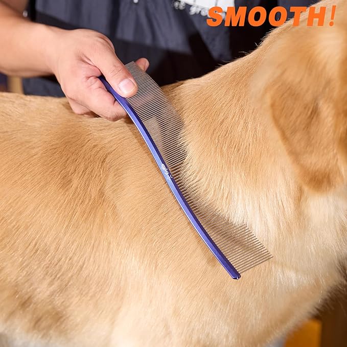 Pet Comb Stainless Steel Comb for Dogs Cats Pet Hair Comb for Grooming Curved with Rounded and Smooth Ends Stainless Steel Teeth Tools for Remove Tangles and Knots (BULE)