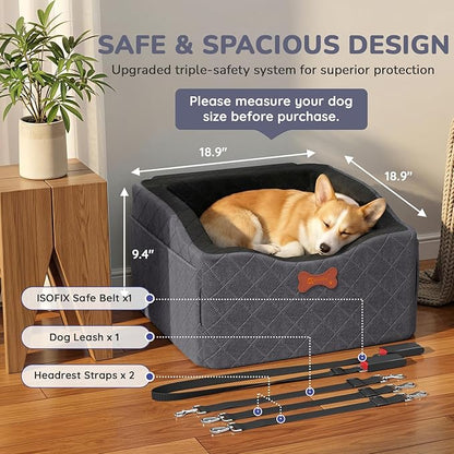 Dog Car Seat for Small Medium Dogs, 6" Elevated Booster Seat with ISOFIX Safety Fixation, Washable Cover & High Density Memory Foam, Portable for Car Front/Rear/Trunk Home Outdoor Use (Charcoal Gray)