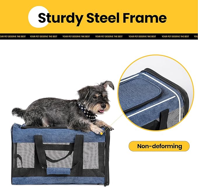 Dog Carrier Soft Sided, Large Cat Carrier with Inner Safety Leash, Pet Transport Carrier for Large Cats and Medium Dogs up to 20 Lbs, Collapsible Travel Puppy Carrier Bag -Blue L