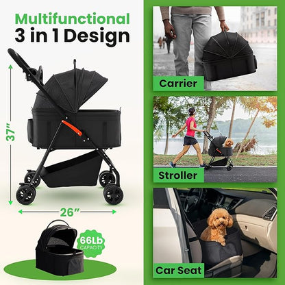 Pet Stroller 3 in 1 Foldable Dog Stroller, Cat Strollers, Foldable pet Strollers & Cat Carrier, Pet Carrier, Lightweight with Cup Holder, Waterproof & Breathable Mesh Canopy