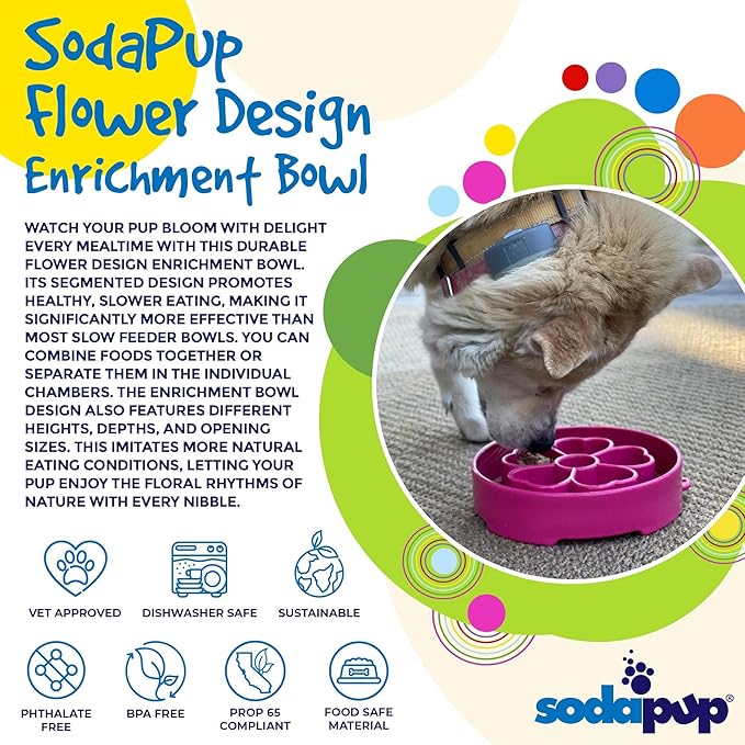 SodaPup Flower Design Enrichment Bowl – Durable Slow Feeder Bowl Made in USA from Non-Toxic, Pet-Safe, Food Safe Material for Mental Stimulation, Slowing Down Eating, Healthy Digestion, & More