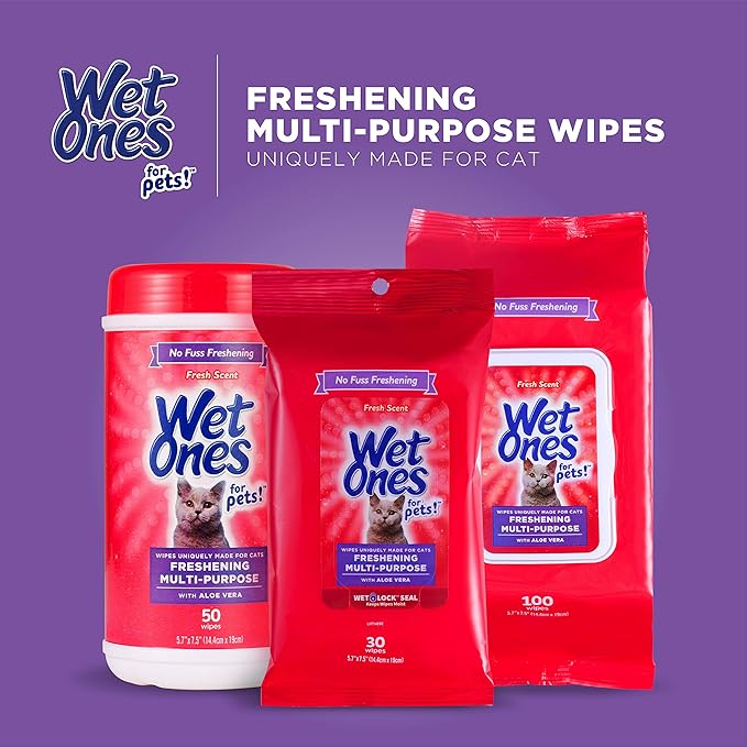 Wet Ones for Pets Freshening Multipurpose Wipes for Cats with Aloe Vera, Fresh Scent - Easy to Use Cat Cleaning Wipes for Pet Grooming in Canister, 50 Count - 12 Pack