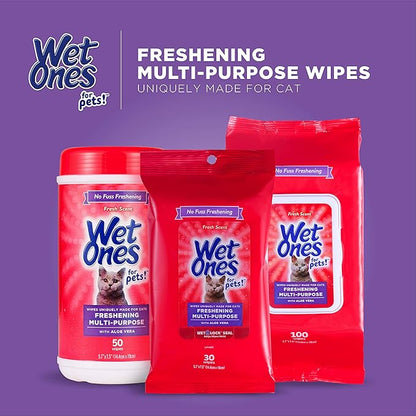Wet Ones for Pets Freshening Multipurpose Wipes for Cats with Aloe Vera, Fresh Scent - Easy to Use Cat Cleaning Wipes for Pet Grooming in Canister, 50 Count - 12 Pack