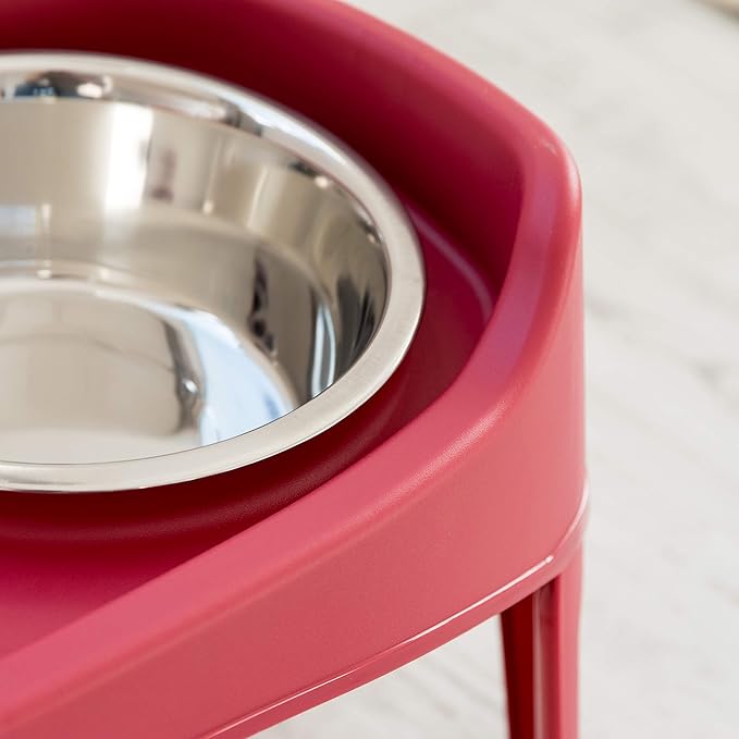 IRIS USA Adjustable Elevated Dog Bowls, Raised Feeder with 2 Stainless Steel 64 oz Bowls, Spill-Guard Rim, 12.25" or 4.63" Heights, Durable Plastic, Made in USA, Red