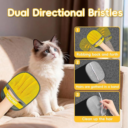 Magic Brush Pet Hair Removal Glove for Cats & Dogs, Ectrostatic Five-Finger Fur Remover, The Magic Brush Pure Path Grooming Remover Glove for Laundry, Carpet & Car Seat (Grey & Yellow)