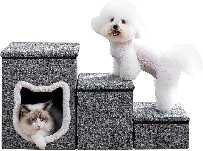 Dog Stairs for Small Dogs, 3-Step Non-Slip Pet Stairs for Cats, Small Dog Steps with Storage and Condo, Indoor Cat Steps for Older Cats, Arthritis-Friendly, Grey