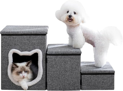 Dog Stairs for Small Dogs, 3-Step Non-Slip Pet Stairs for Cats, Small Dog Steps with Storage and Condo, Indoor Cat Steps for Older Cats, Arthritis-Friendly, Grey