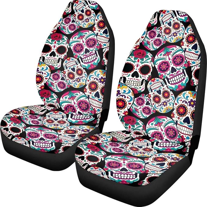Dreaweet Sugar Skull Design Seat Covers for Cars Halloween Car Accessories Interior 2 Piece Easy Installation Elastic Front Car Seat Cover Washable Universal Fit SUV Sedan Trucks
