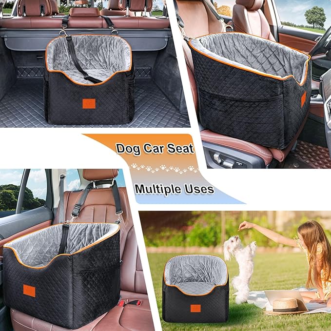 XIEEAOZEE Dog Car Seat for Small Dogs, Memory Foam Booster Dog Seat for Dogs up to 35 lbs, Elevated Pet Car Seat with Washable Removable Cover, Storage Pockets(Black/Gray)