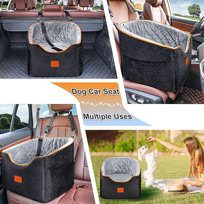XIEEAOZEE Dog Car Seat for Small Dogs, Memory Foam Booster Dog Seat for Dogs up to 35 lbs, Elevated Pet Car Seat with Washable Removable Cover, Storage Pockets(Black/Gray)