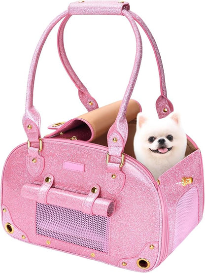 PetsHome Dog Carrier Purse, Pet Carrier, Bling Waterproof Premium Leather Pet Travel Portable Bag Carrier for Cat and Small Dog Home & Outdoor Small Bling Pink