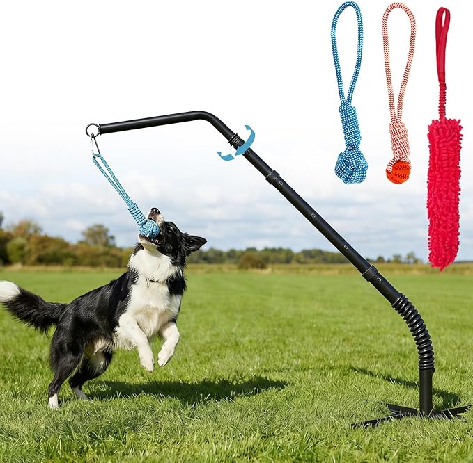 Tether Outdoor War Dog Toy with 3 Chew Rope, Adjustable Height Tug Dog Flirt Pole for Dog Self-Play in Yard, Park and Playground