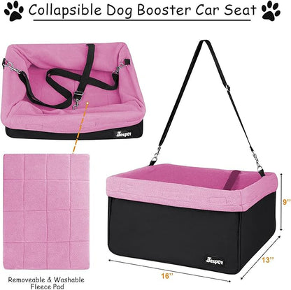 JESPET & GOOPAWS Dog Booster Seats for Cars, Portable Dog Car Seat Travel Carrier with Seat Belt for 24lbs Pets (Pink-16 L x 13" D x 9" H)
