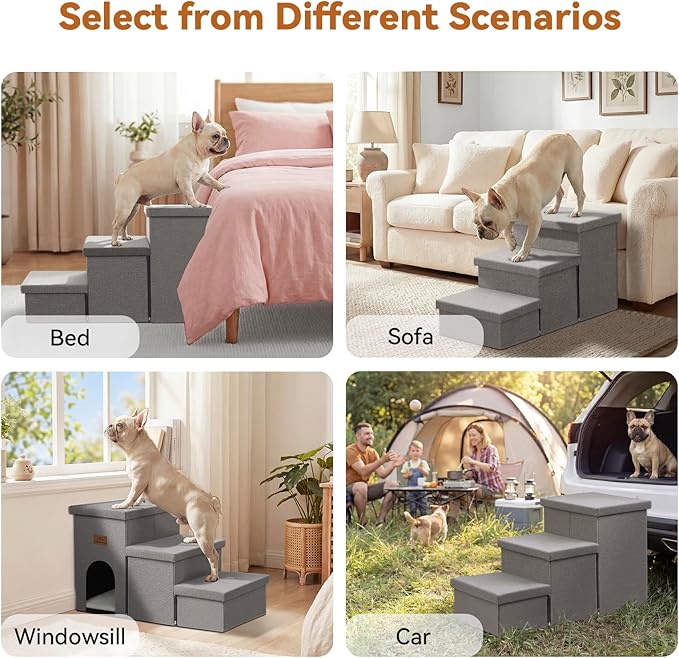 Dog Stairs 18" H, 3-Step Wider Dog Steps for High Beds Couch, Folding Storage Pet Stairs Gift for Small/Medium/Large Old Dogs Cats, Ramp for Climbing Car Up to 200 lbs, (Gray, with Condo)