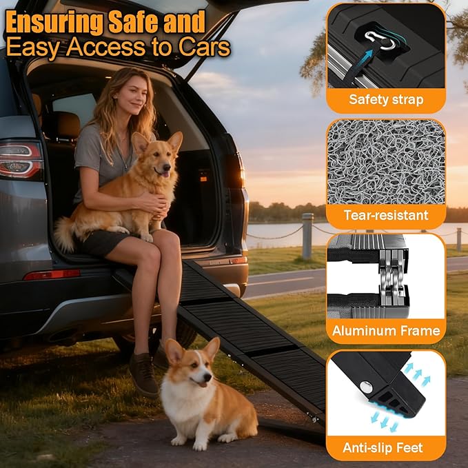 63" Long &17" Wide Heavy Duty & Portable Dog Ramp, Folding Pet Ramp for Large Dogs up to 250LBS, Non-Slip Car Ramp for SUV, Truck Easy Loading