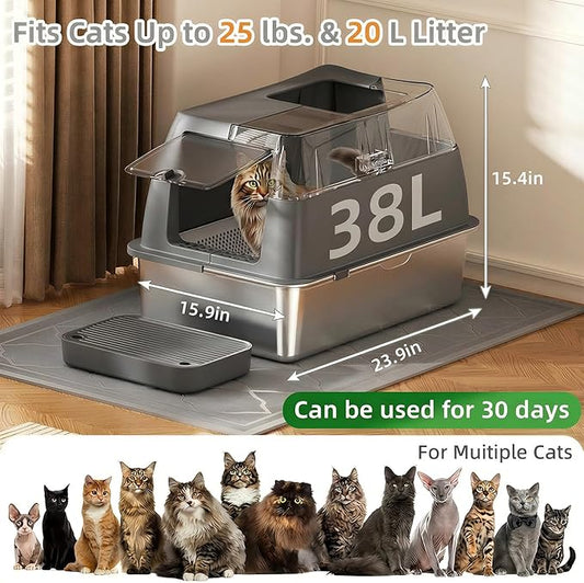 Stainless Steel Litter Box with Lid,Front Entry Top Exit Kitty LitterBox,Extra Large Enclosed Metal Cat Box with Litter Scoop & Litter Mat-Dark Gray
