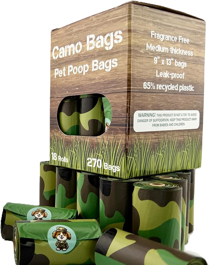 Pet poop bags with a camouflage pattern. Poop bags rolls for dog walking, dog-parks, and the yard.