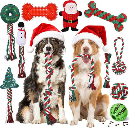 Vinsot 12 Pack Christmas Dog Gifts Large Dog Chew Toys for Aggressive Chewers Red Green White Teething Toys with Dental Rope Squeaky Balls and Chew Bone for Medium Large X-Large Breeds Dogs