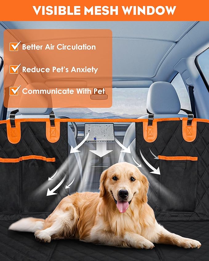 Back Seat Extender for Dogs- Dog Car Seat Cover for Back Seat Bed for Car Travel Bed with Mesh Window and Storage Pocket, Supports 330LB Waterproof Dog Hammock for Car, SUV, Truck