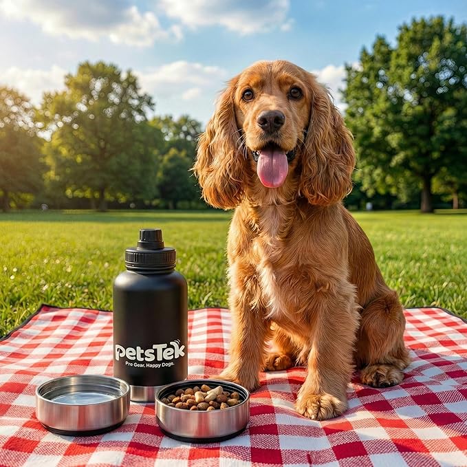 Portable Dog Water Bottle - 3 in 1 Insulated Stainless Steel Travel Bowl & Food Dispenser with Leak Proof Magnetic Lid - Dog Accessories for Walking, Hiking, Outdoor, Camping (32oz Black)