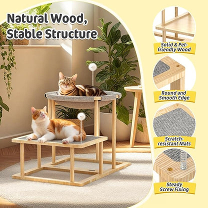 Pawaboo Elevated Cat Hammock Bed, 2-Tier Cats Bed with 2 Teasers, Wooden Cats Furniture with Kitten Scratching Mat,Double Cat Beds Interactive Stair Shaped Pet Hammock for Indoor Kitties Climbing