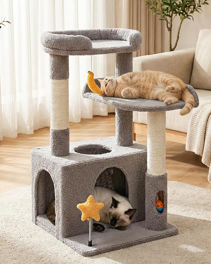 32In Cute Cat Tower for Indoor Cats with Cat Condo, Plush Platform, Hammock, Sisal Scratching Posts, Dangling Ball, Tall Cat Tree Tower with Self-Grooming Brush (Light Grey)