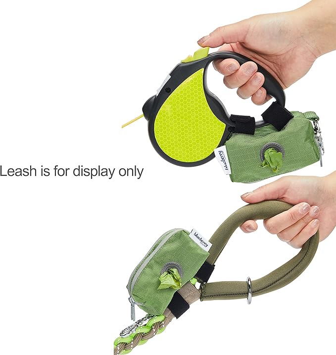 Blueberry Style Forest Green Dog Waste Bag Dispenser, Solid Color Trash Bag Dispenser with 2 Auto Locking Zipper, Dog Poop Bag Holder Leash Attachment, Includes 1 Roll of Free Poop Bags