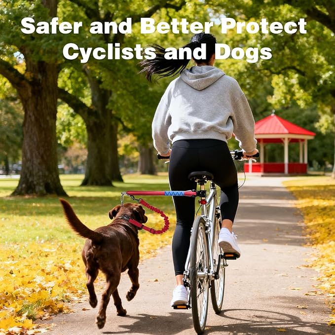 Bicycle Dog Leash for Riding, Hands Free 150° Rotating Built-in Shock Absorber Bike Retractable Leashes for Cycling, Elastic Nylon Adjusted Car Holder Seat Belt Rope (Red)