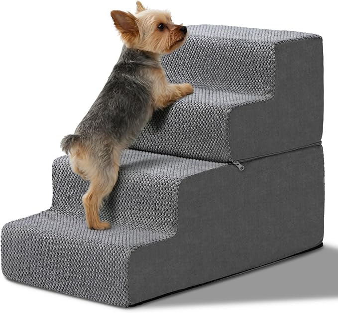 18.7''H Dog Stairs for Small Dogs,4-Step Dog Stairs Steps for High Bed, Pet Steps for Small Dogs and Cats, Non-Slip Removable Washable Cover Ramp for Indoor Outdoor Car SUV Couch Sofa,Grey