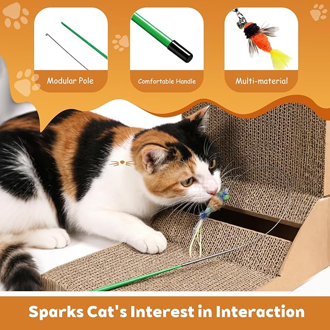 Long 30in - Cat Wand Toy - with Spring Top - Include Cat Wand and 6PCS Feather Insects Refills